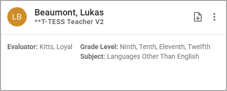 Teacher evaluation details for Lukas Beaumont, covering their evaluator, grade levels, and subject taught.